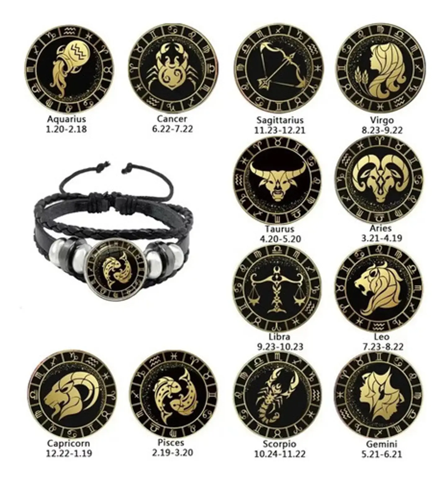 Pulsera Manilla Cuero Para Hombre Mujer Con Signos Zodiacal 71
