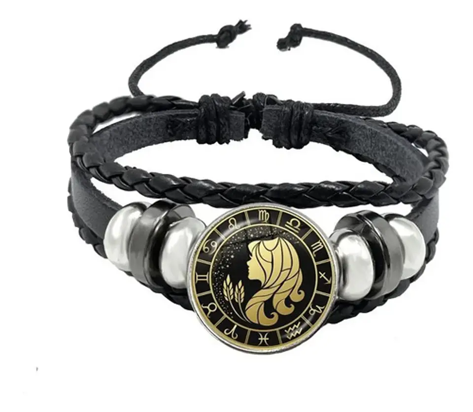 Pulsera Manilla Cuero Para Hombre Mujer Con Signos Zodiacal 72