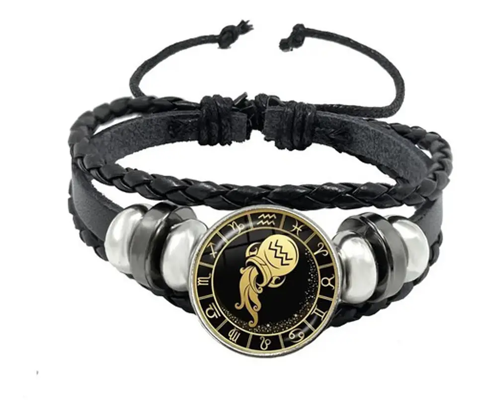 Pulsera Manilla Cuero Para Hombre Mujer Con Signos Zodiacal 88