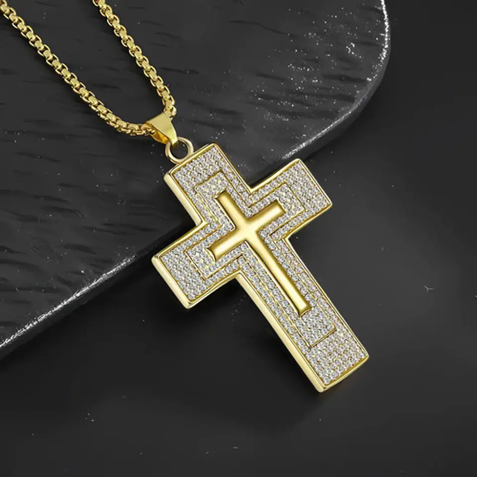 Collar Para Hombres Dije Con Piedras Cruz Brillante De Acero 9