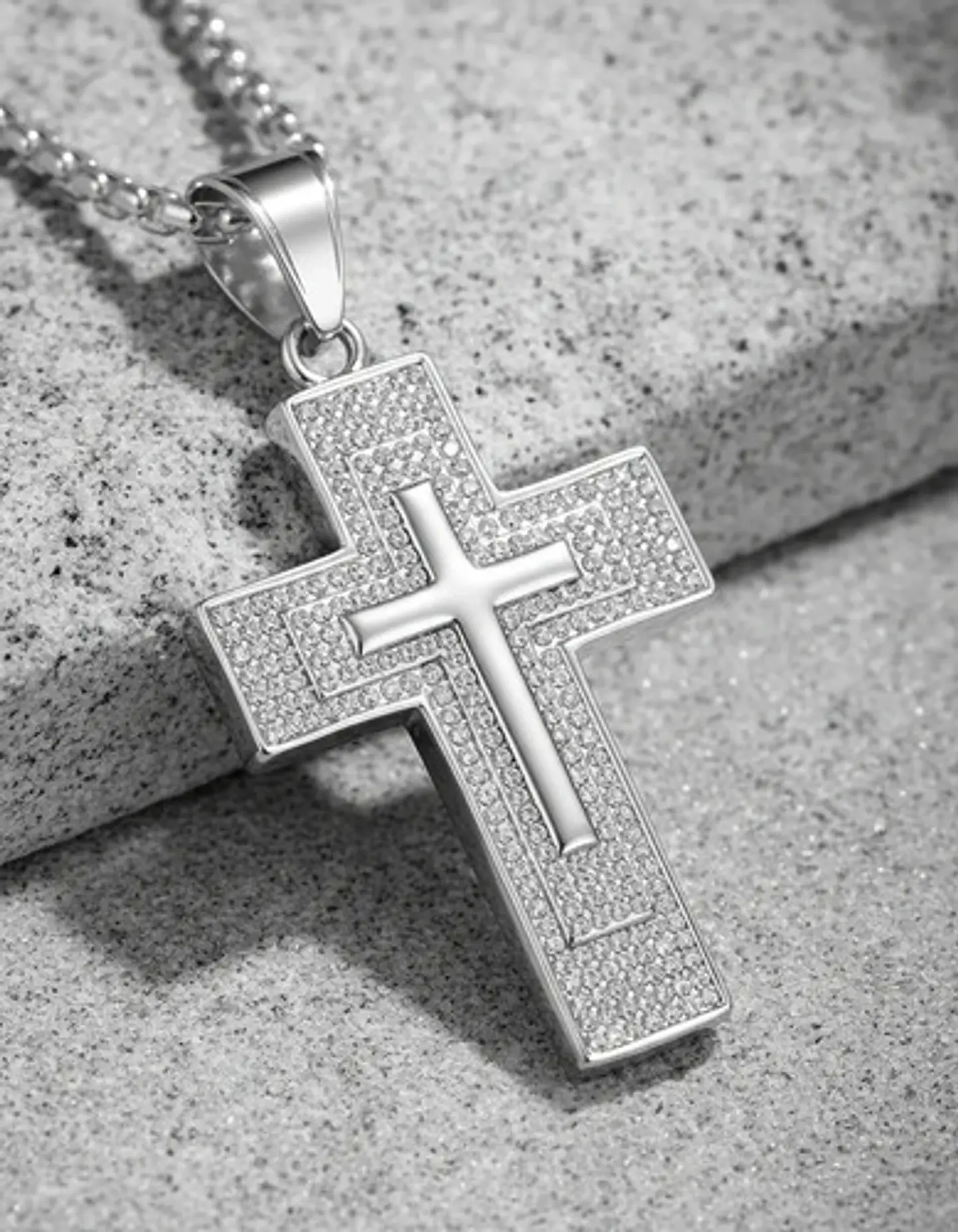Collar Para Hombres Dije Con Piedras Cruz Brillante De Acero 13