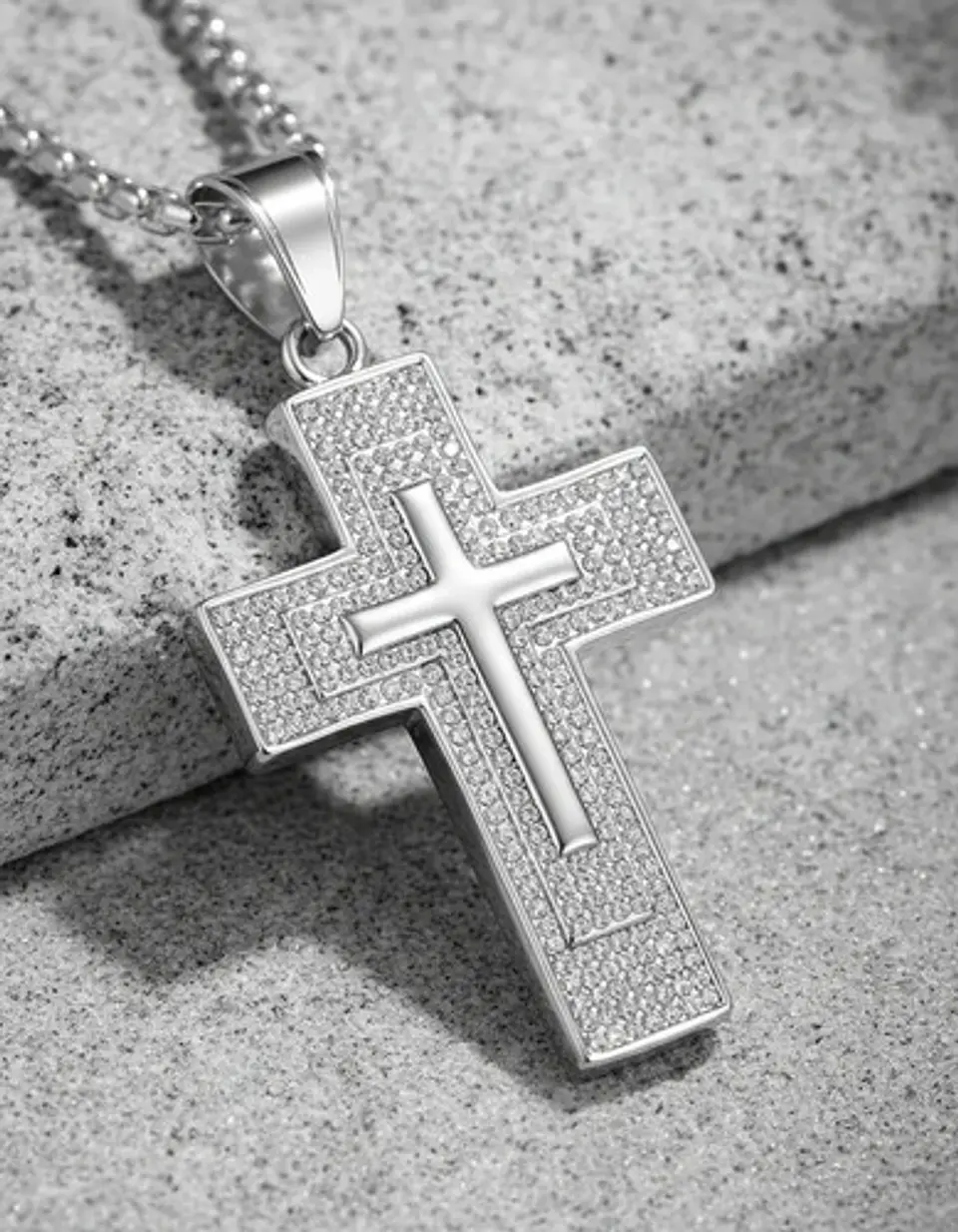Collar Para Hombres Dije Con Piedras Cruz Brillante De Acero 13