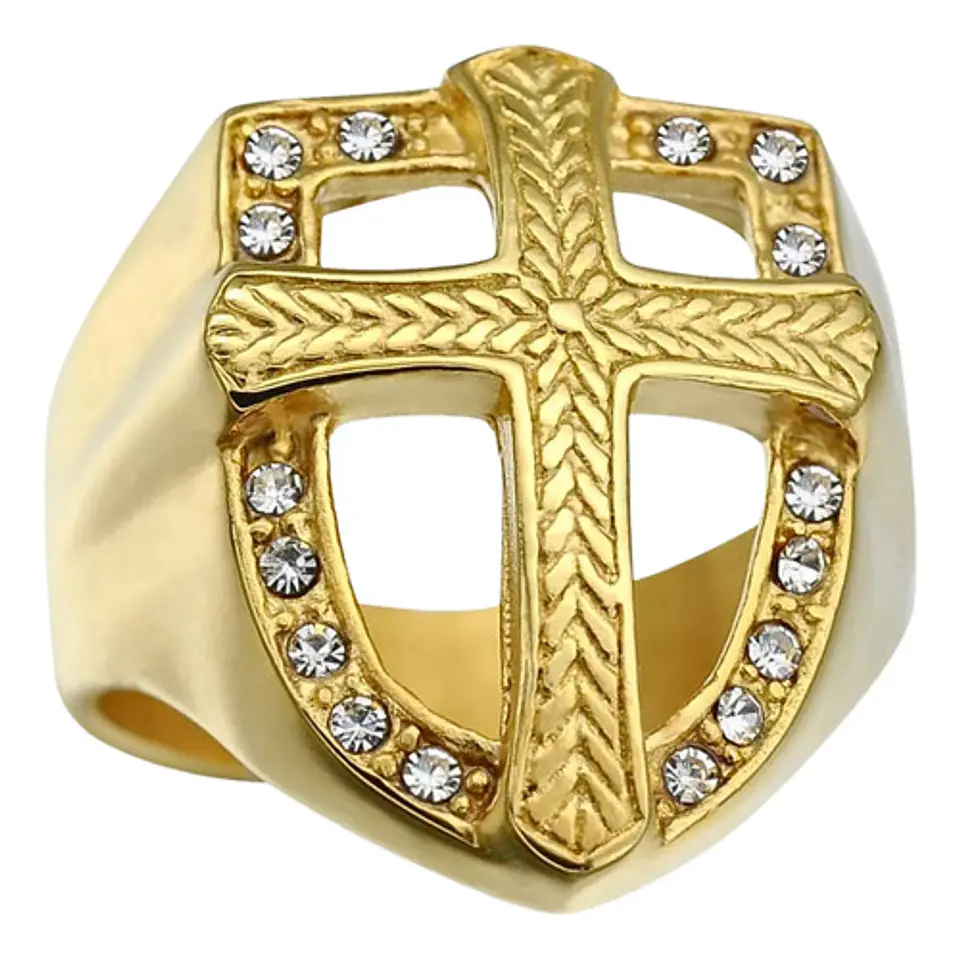 Anillo Hip Hop Para Hombre Con Cruz Y Piedras Cz Color Oro 1