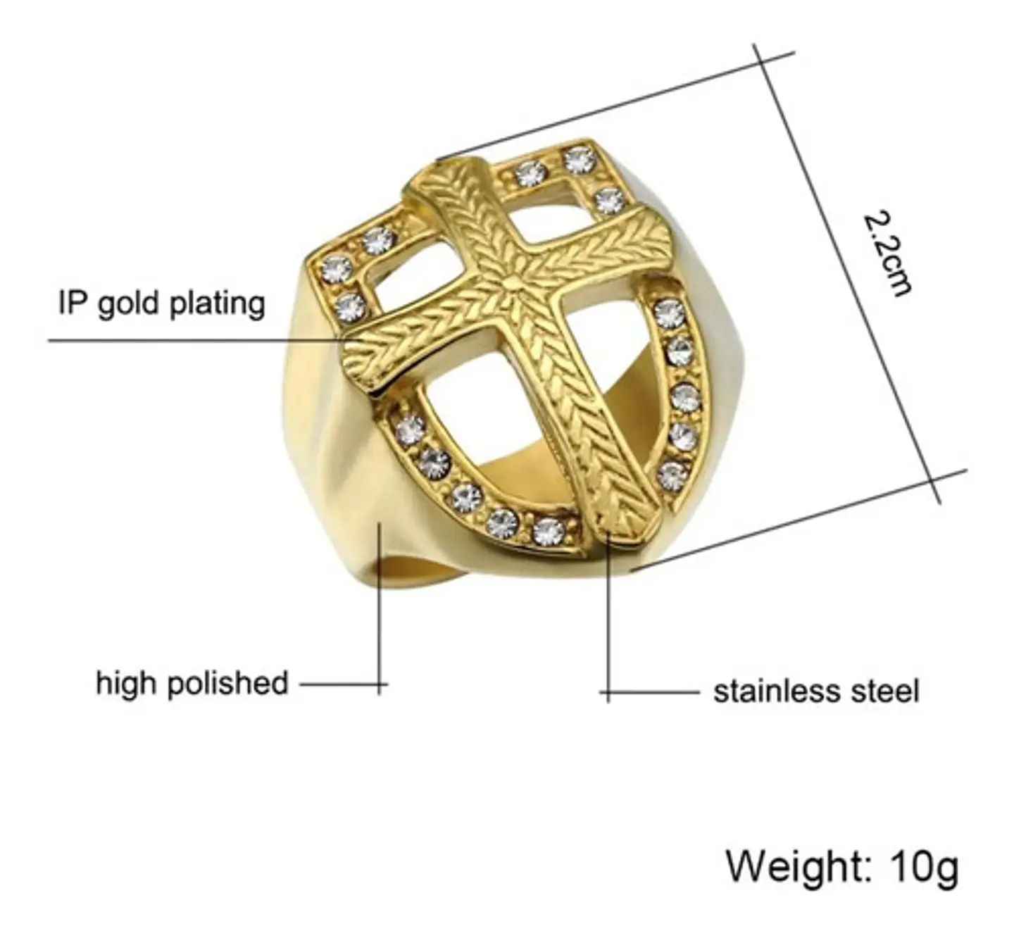 Anillo Hip Hop Para Hombre Con Cruz Y Piedras Cz Color Oro 3