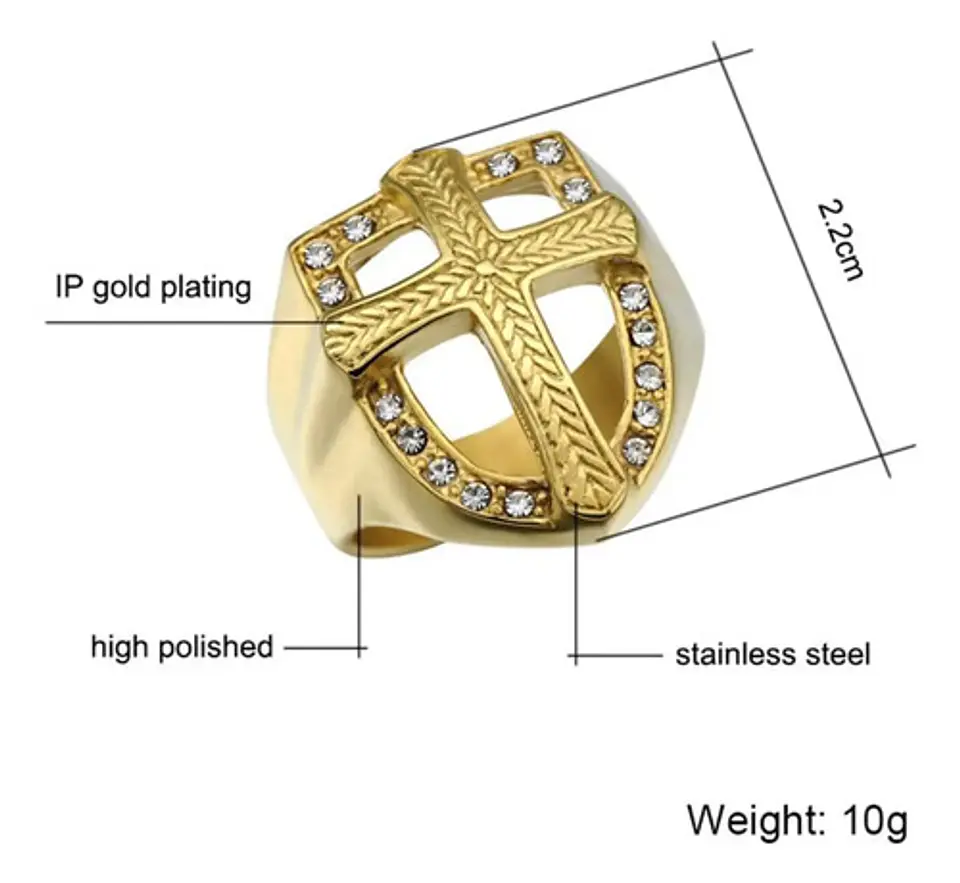 Anillo Hip Hop Para Hombre Con Cruz Y Piedras Cz Color Oro 3
