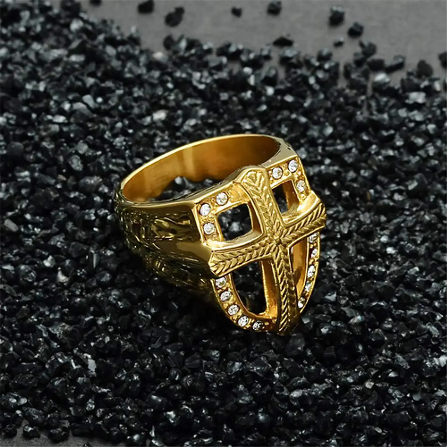 Anillo Hip Hop Para Hombre Con Cruz Y Piedras Cz Color Oro 4