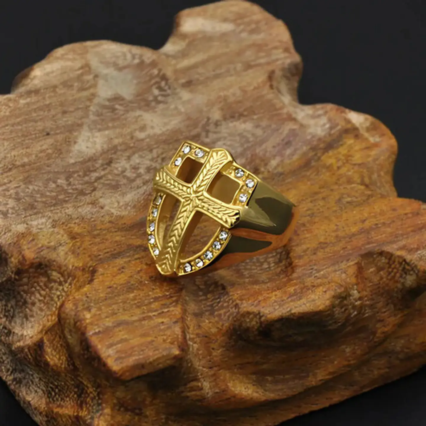 Anillo Hip Hop Para Hombre Con Cruz Y Piedras Cz Color Oro 8