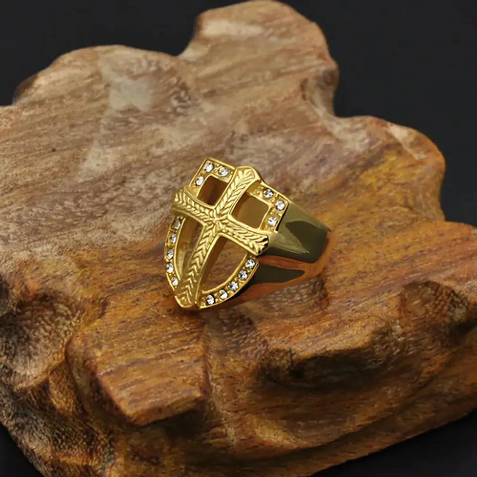 Anillo Hip Hop Para Hombre Con Cruz Y Piedras Cz Color Oro 8