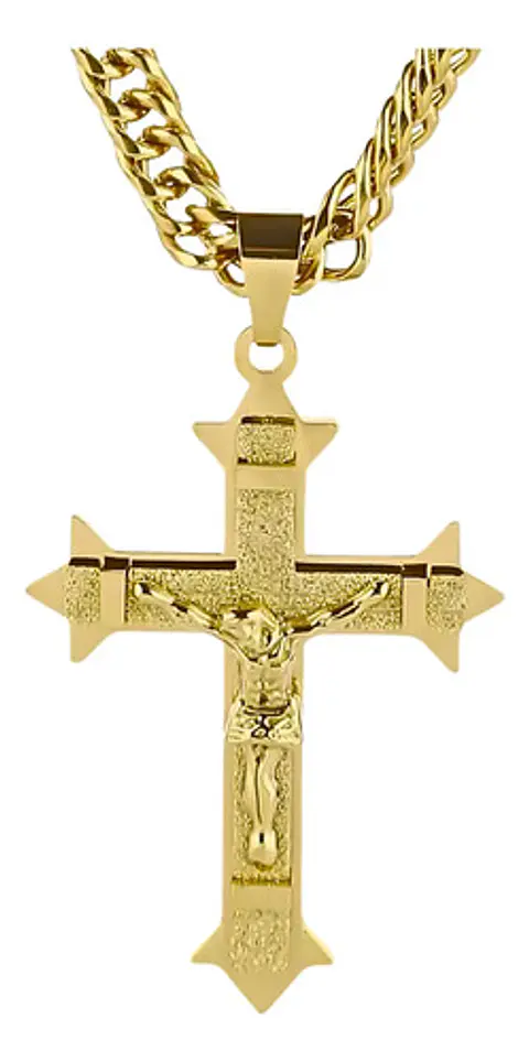 Collar Para Hombres Dije Cruz Puntiaguda De Acero Color Oro