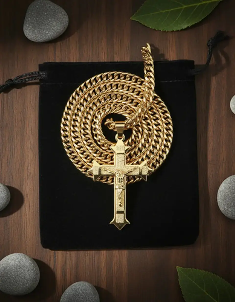 Collar Para Hombres Dije Cruz Puntiaguda De Acero Color Oro 5
