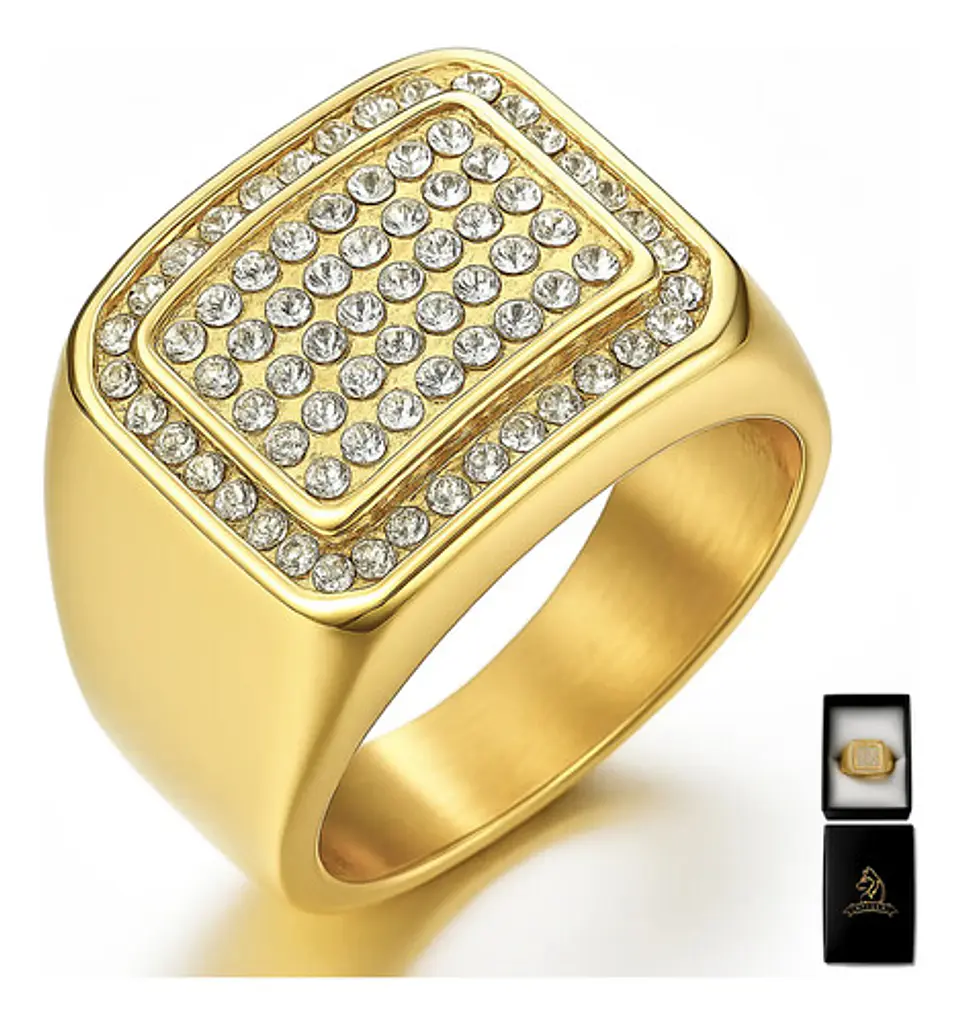 Anillo Para Hombre Hip Hop Clásico Pavé Piedras Color Oro 1