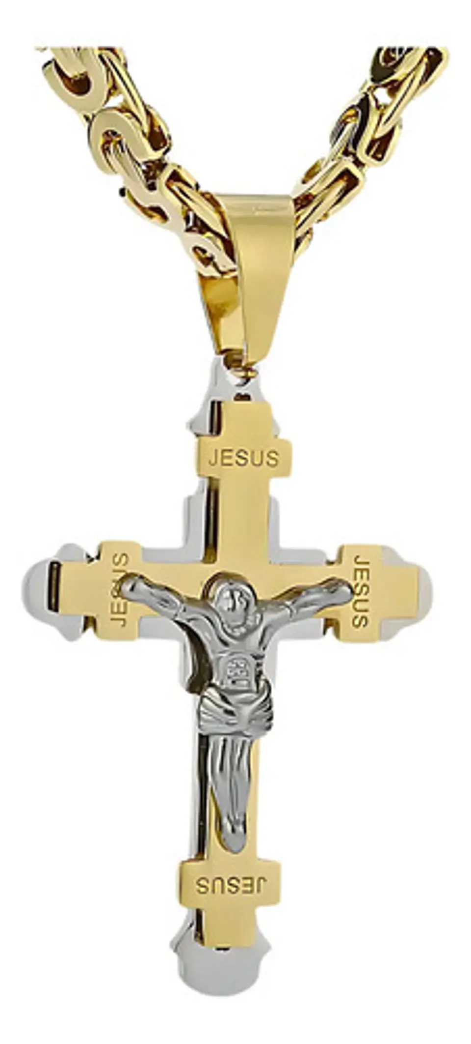 Gran Collar Para Hombres Dije Cruz Jesus De Acero Color Oro 1