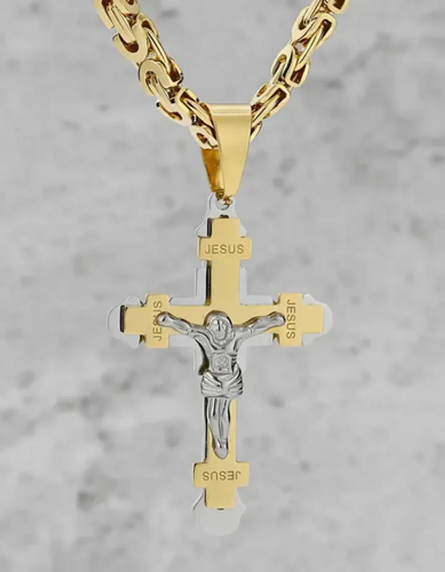 Gran Collar Para Hombres Dije Cruz Jesus De Acero Color Oro 2