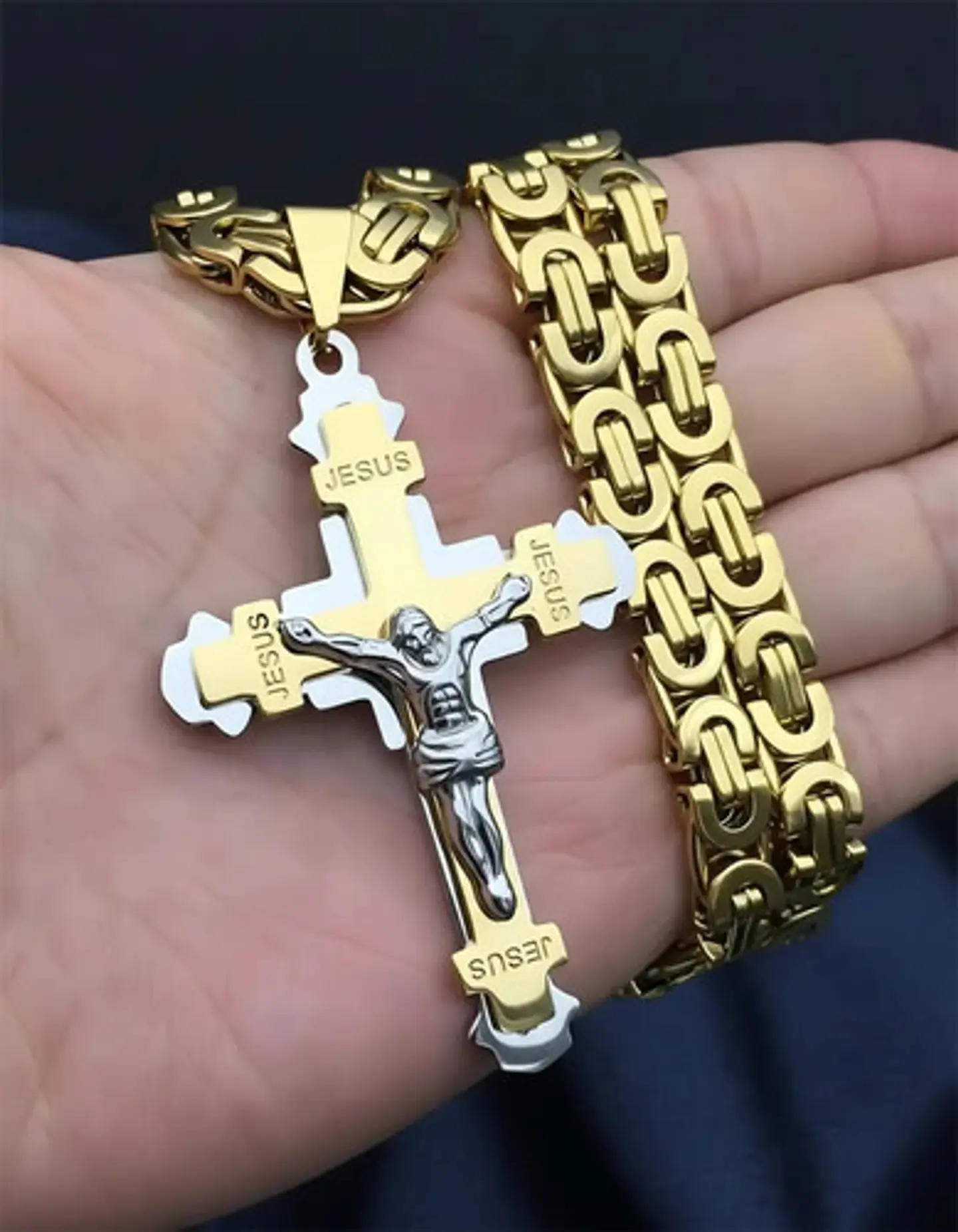 Gran Collar Para Hombres Dije Cruz Jesus De Acero Color Oro 7