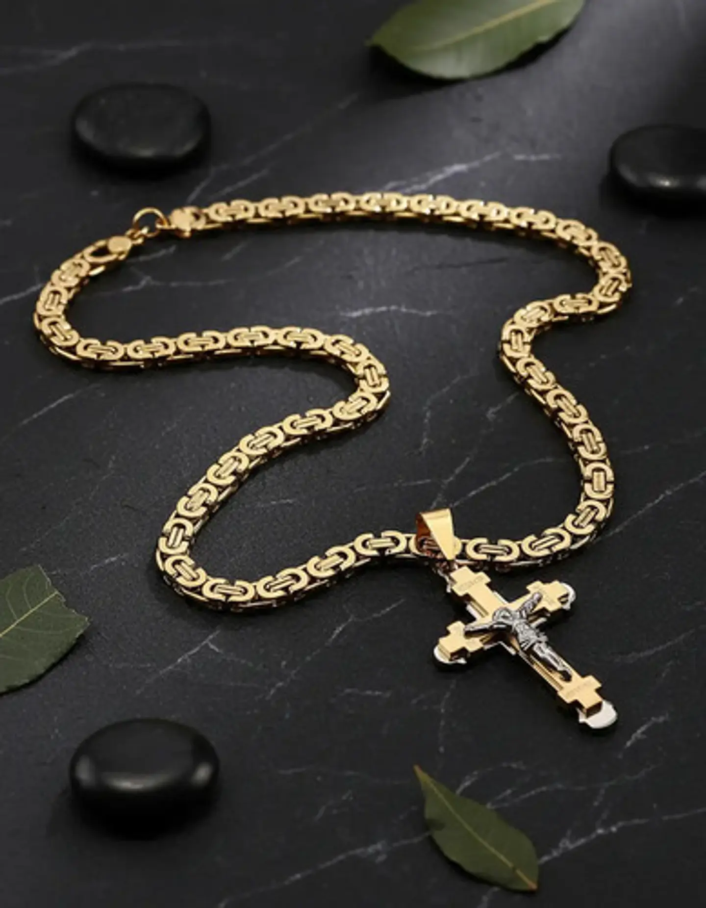 Gran Collar Para Hombres Dije Cruz Jesus De Acero Color Oro 8