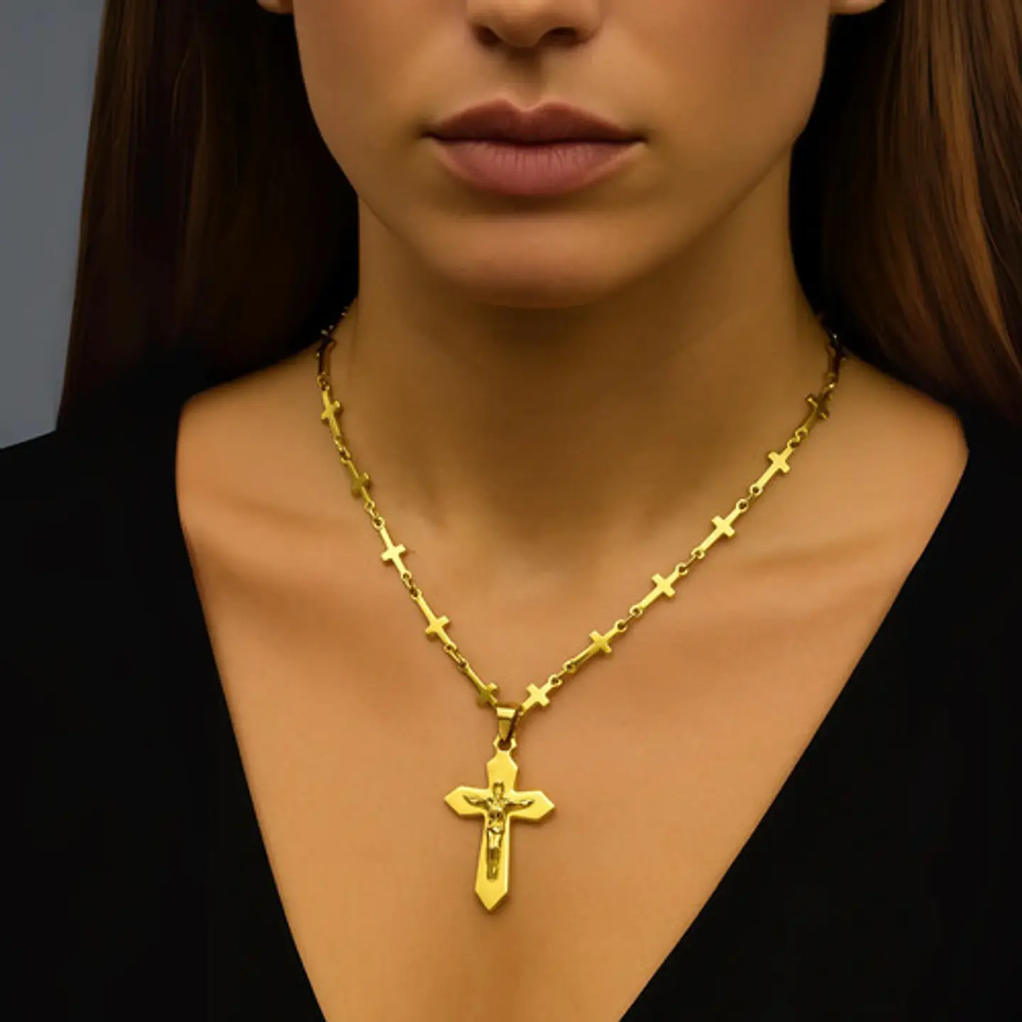 Collar Para Mujeres Dije Cruz Cadena Cruces Acero Color Oro 4