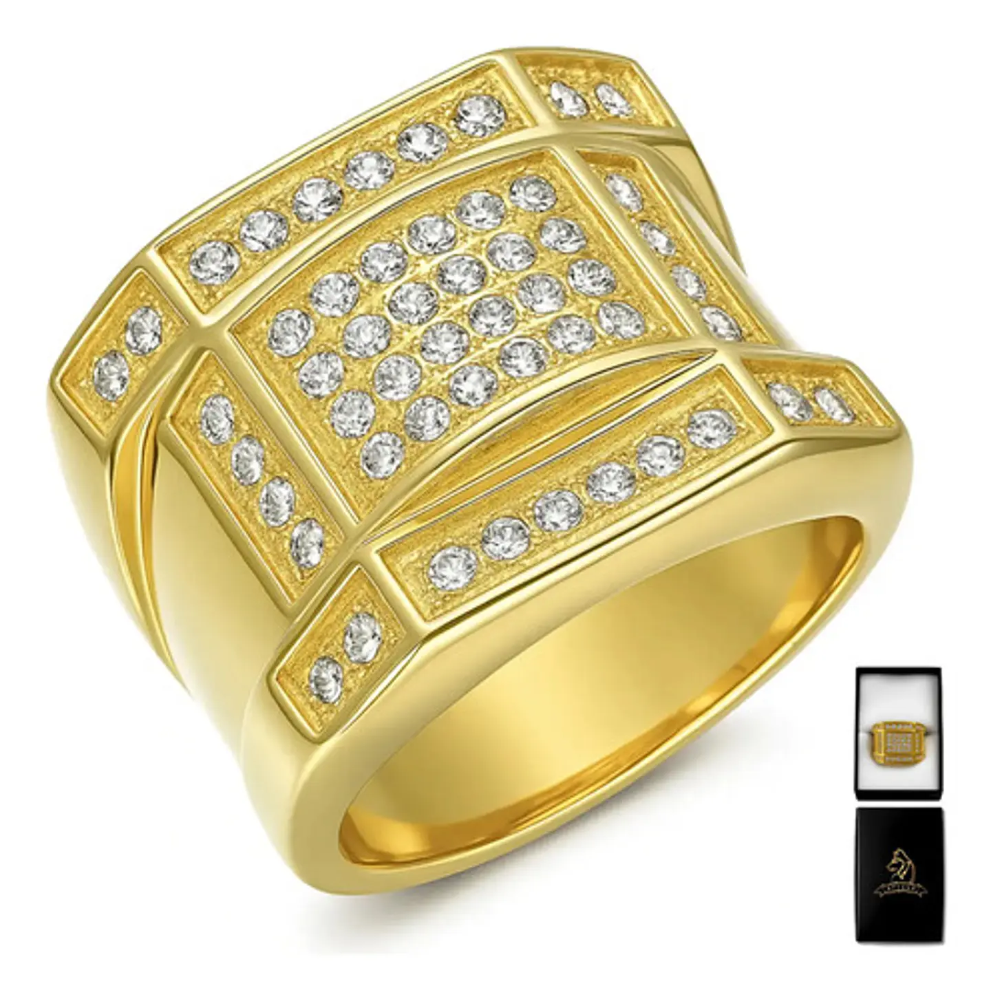 Anillo Para Hombre Con Piedra Azul Zircon Cz Acero Color Oro 1
