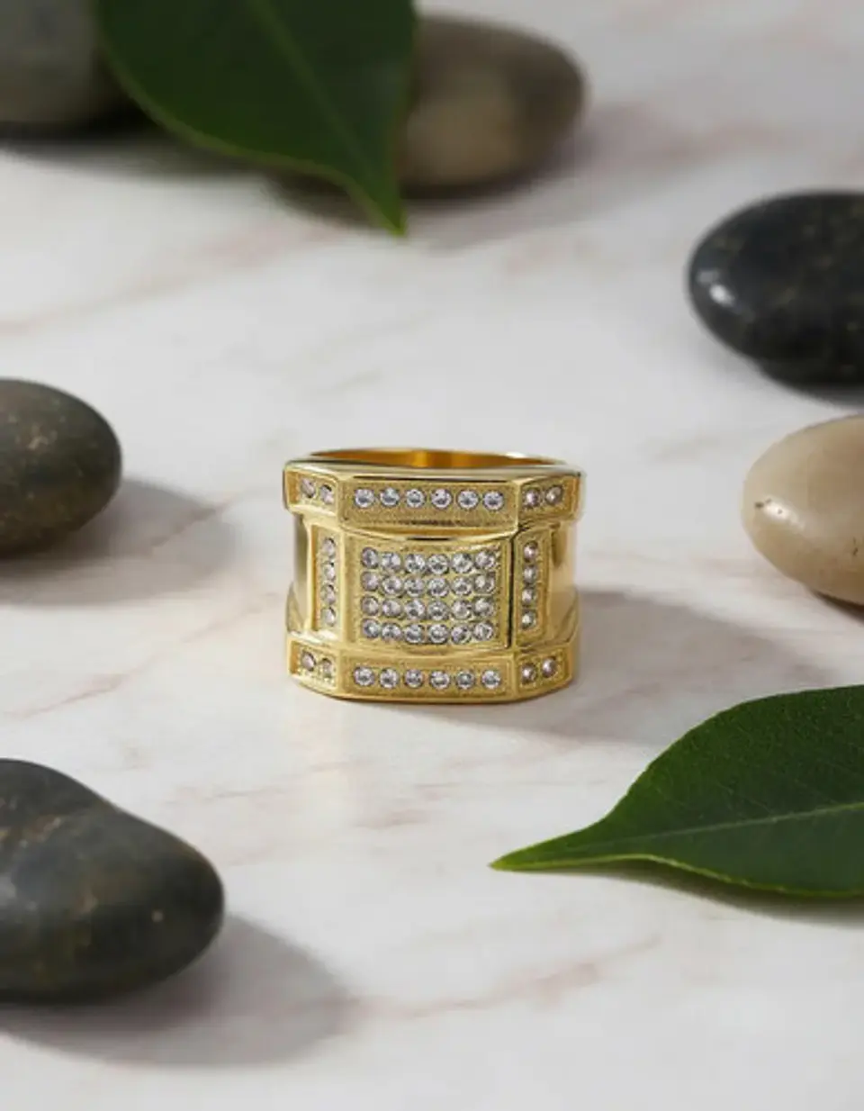 Anillo Para Hombre Con Piedra Azul Zircon Cz Acero Color Oro 2