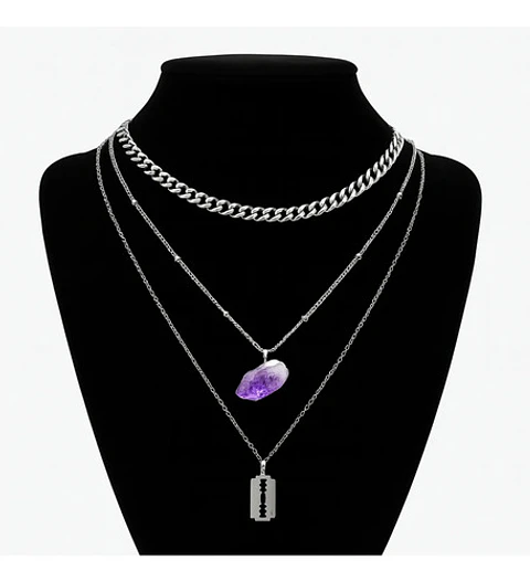 Collar Multicapas Mujer Dije Navaja Afeitar Piedra Amatista