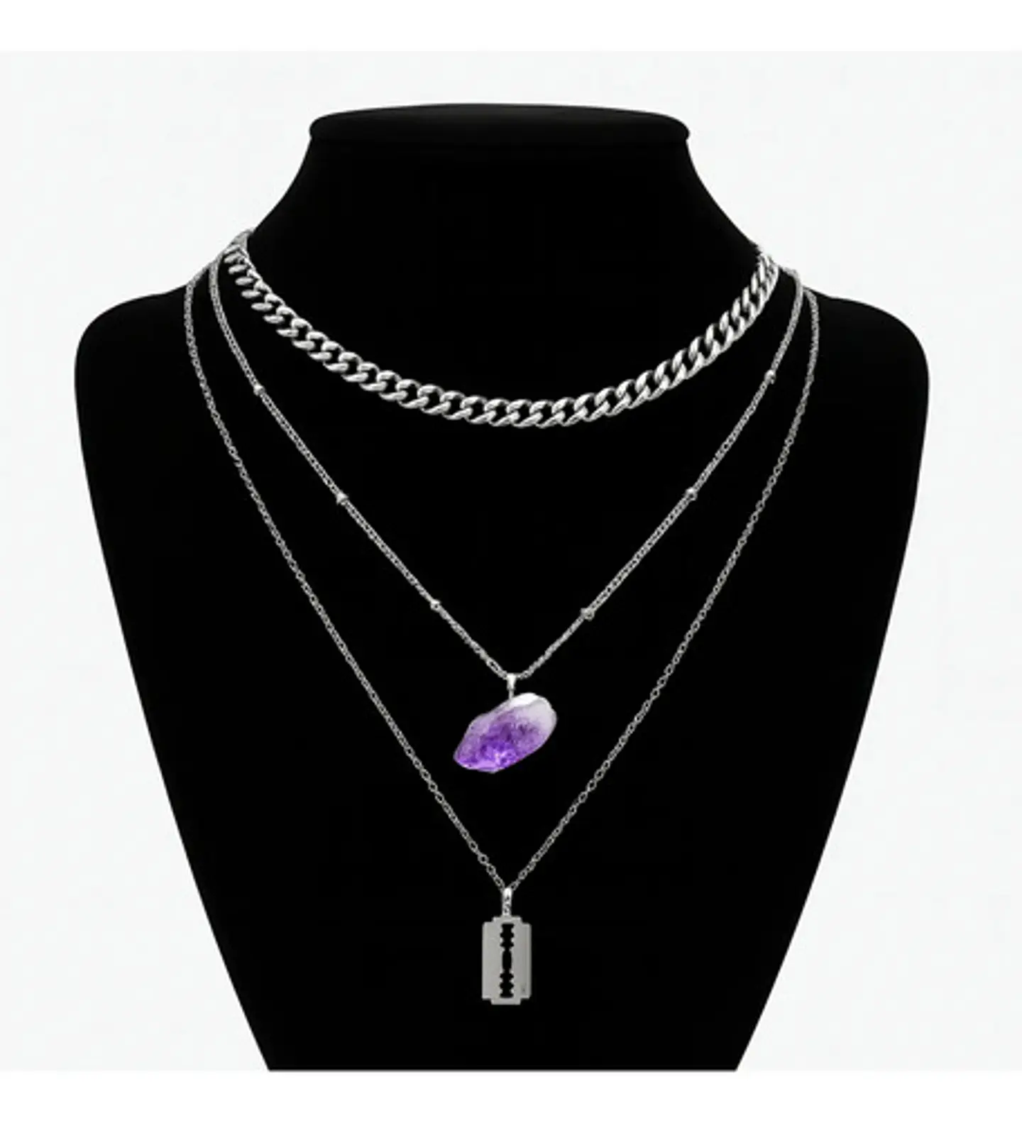 Collar Multicapas Mujer Dije Navaja Afeitar Piedra Amatista 1