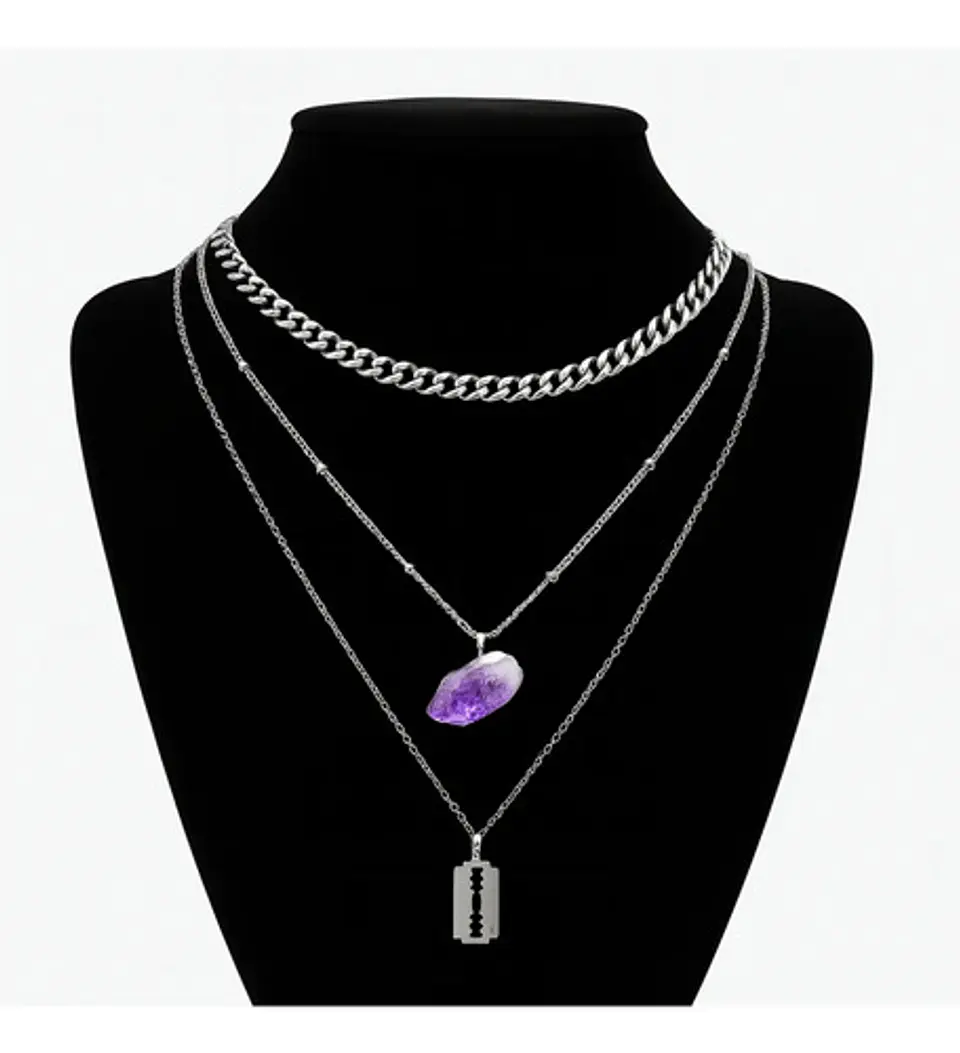 Collar Multicapas Mujer Dije Navaja Afeitar Piedra Amatista 1