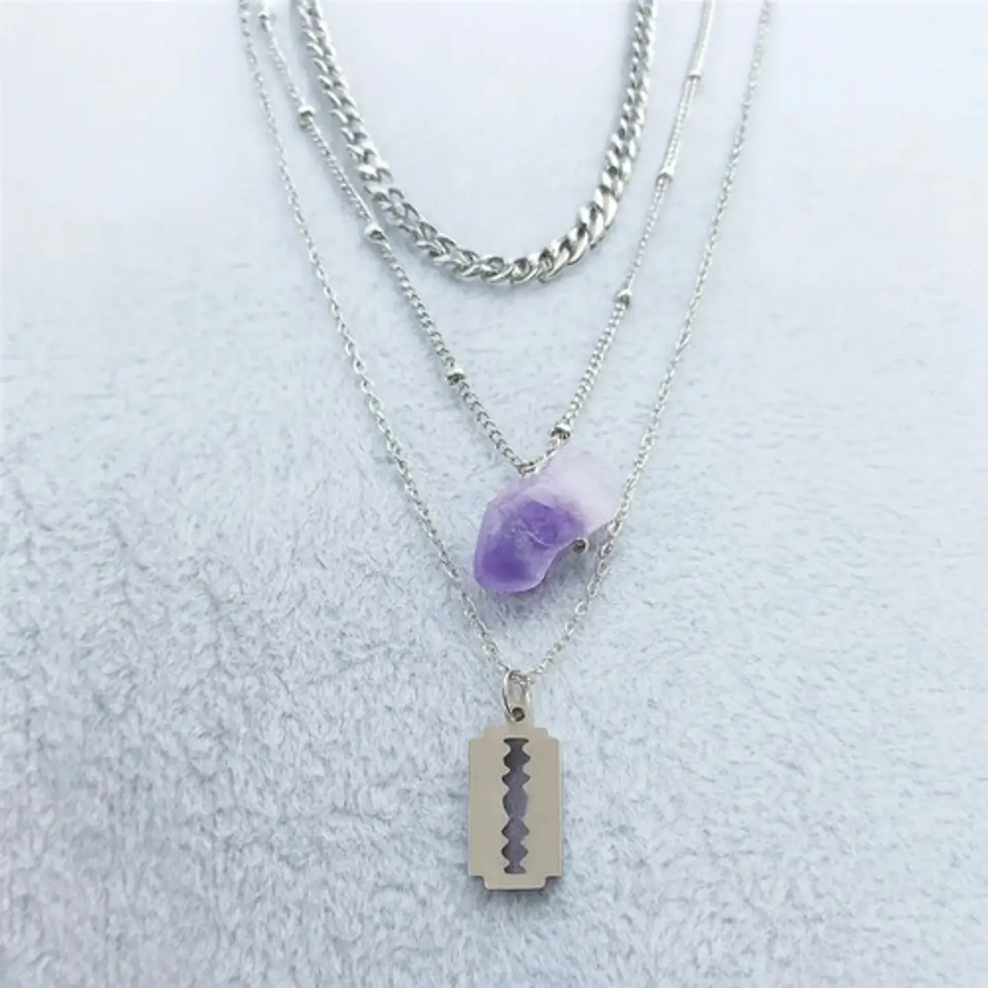 Collar Multicapas Mujer Dije Navaja Afeitar Piedra Amatista 2