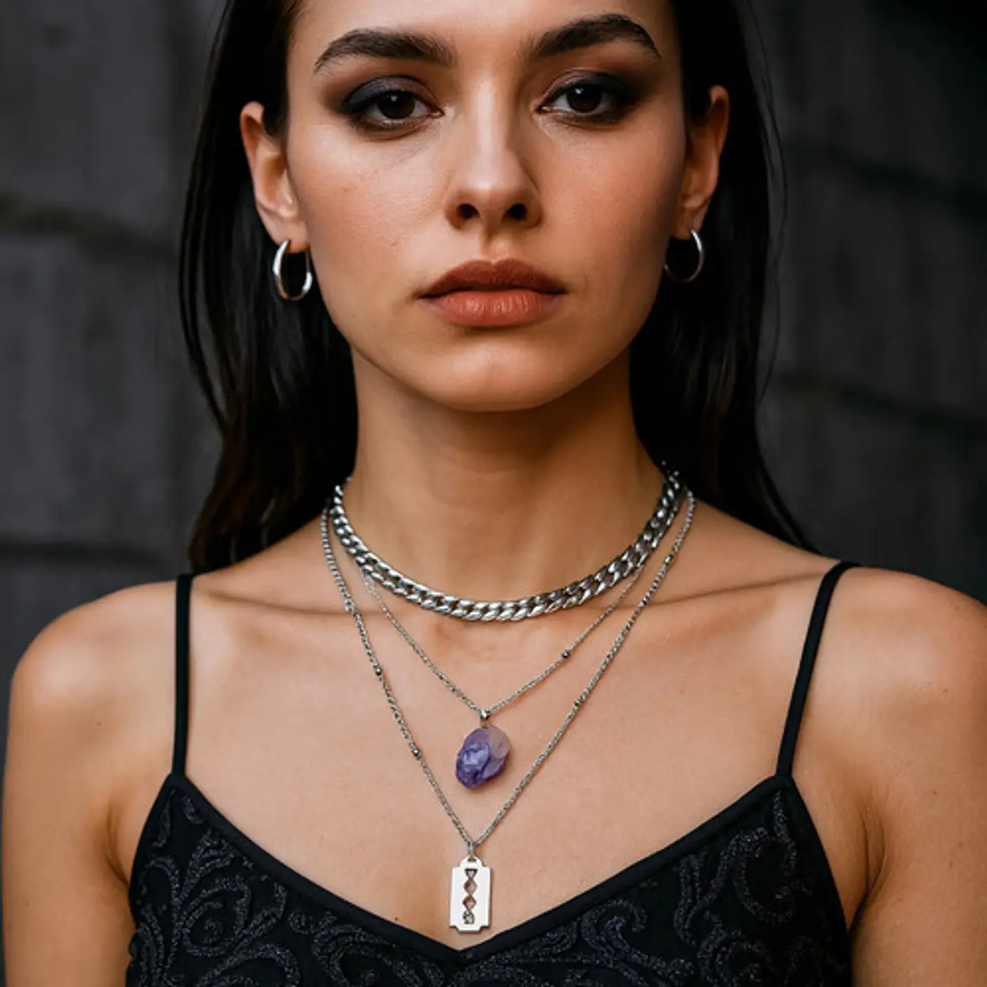 Collar Multicapas Mujer Dije Navaja Afeitar Piedra Amatista 3
