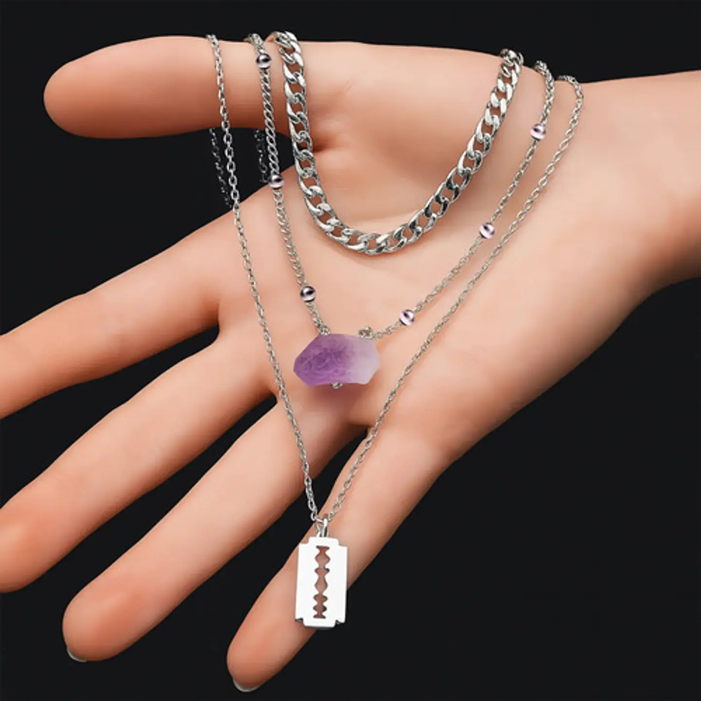 Collar Multicapas Mujer Dije Navaja Afeitar Piedra Amatista 4