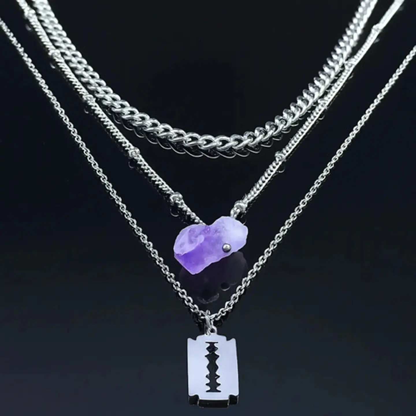 Collar Multicapas Mujer Dije Navaja Afeitar Piedra Amatista 5