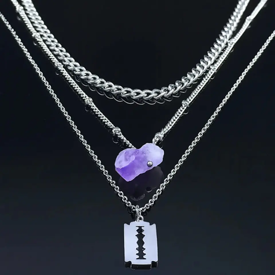 Collar Multicapas Mujer Dije Navaja Afeitar Piedra Amatista 5