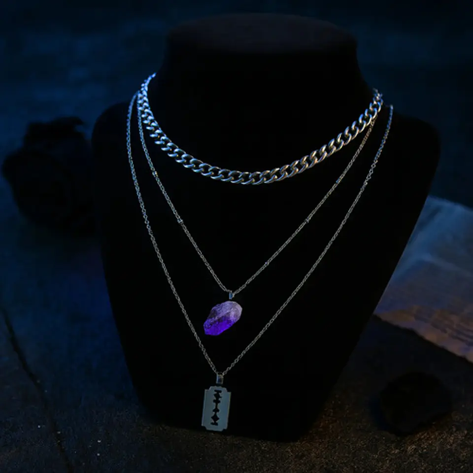 Collar Multicapas Mujer Dije Navaja Afeitar Piedra Amatista 6