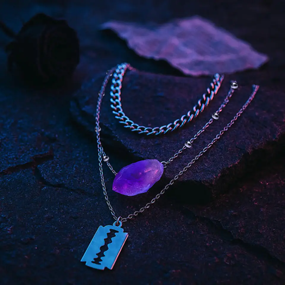 Collar Multicapas Mujer Dije Navaja Afeitar Piedra Amatista 7