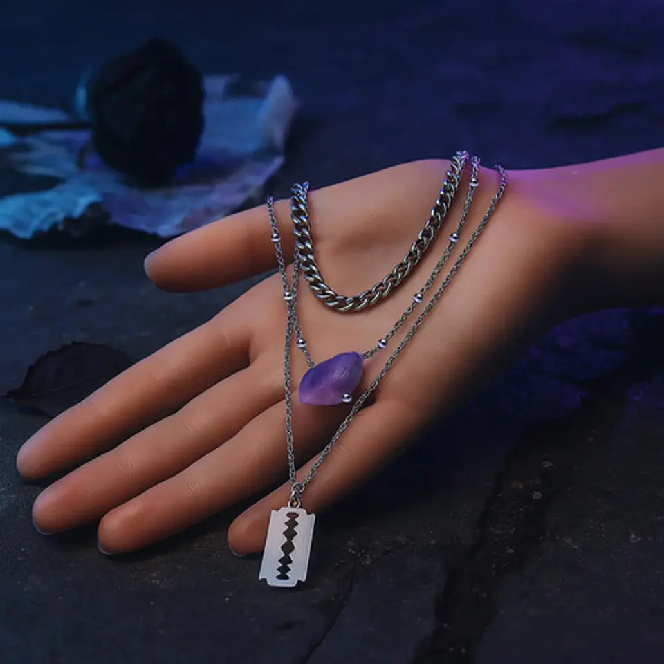 Collar Multicapas Mujer Dije Navaja Afeitar Piedra Amatista 8