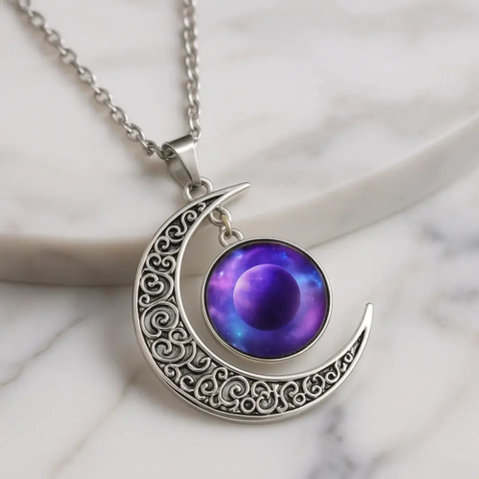 Collar Para Mujeres Dije Media Luna Cristal Nebulosa Galaxia 9