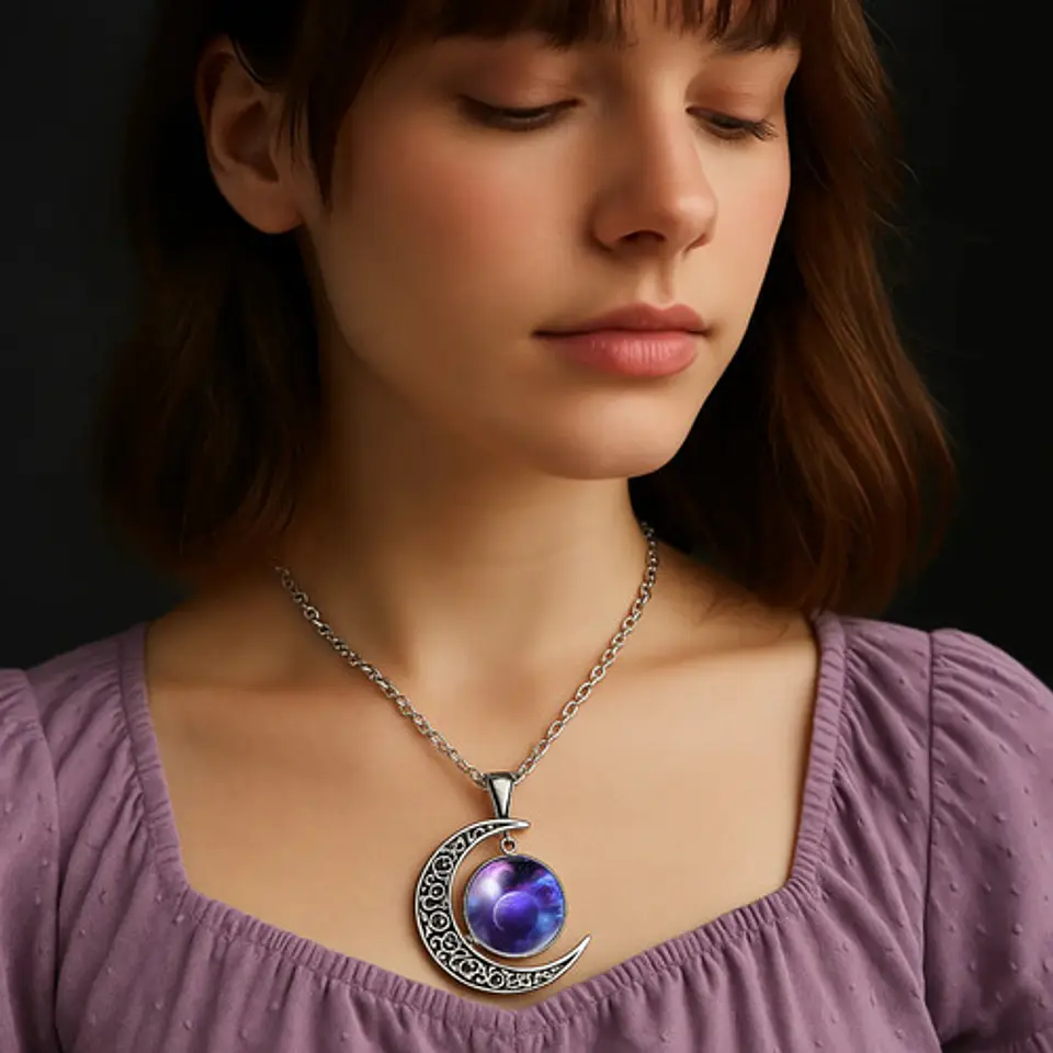 Collar Para Mujeres Dije Media Luna Cristal Nebulosa Galaxia 10
