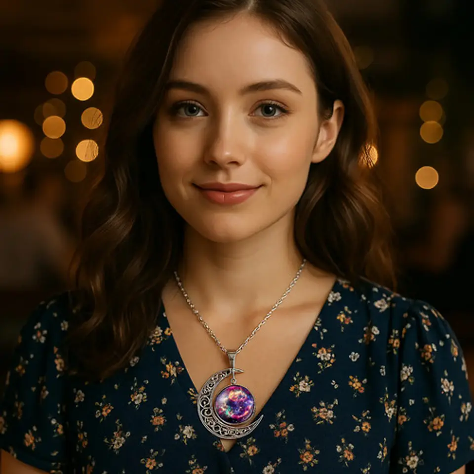 Collar Para Mujeres Dije Media Luna Cristal Nebulosa Galaxia 32