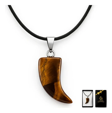 Collar Hombre Y Mujer Dije Diente Lobo Piedra Ojo De Tigre