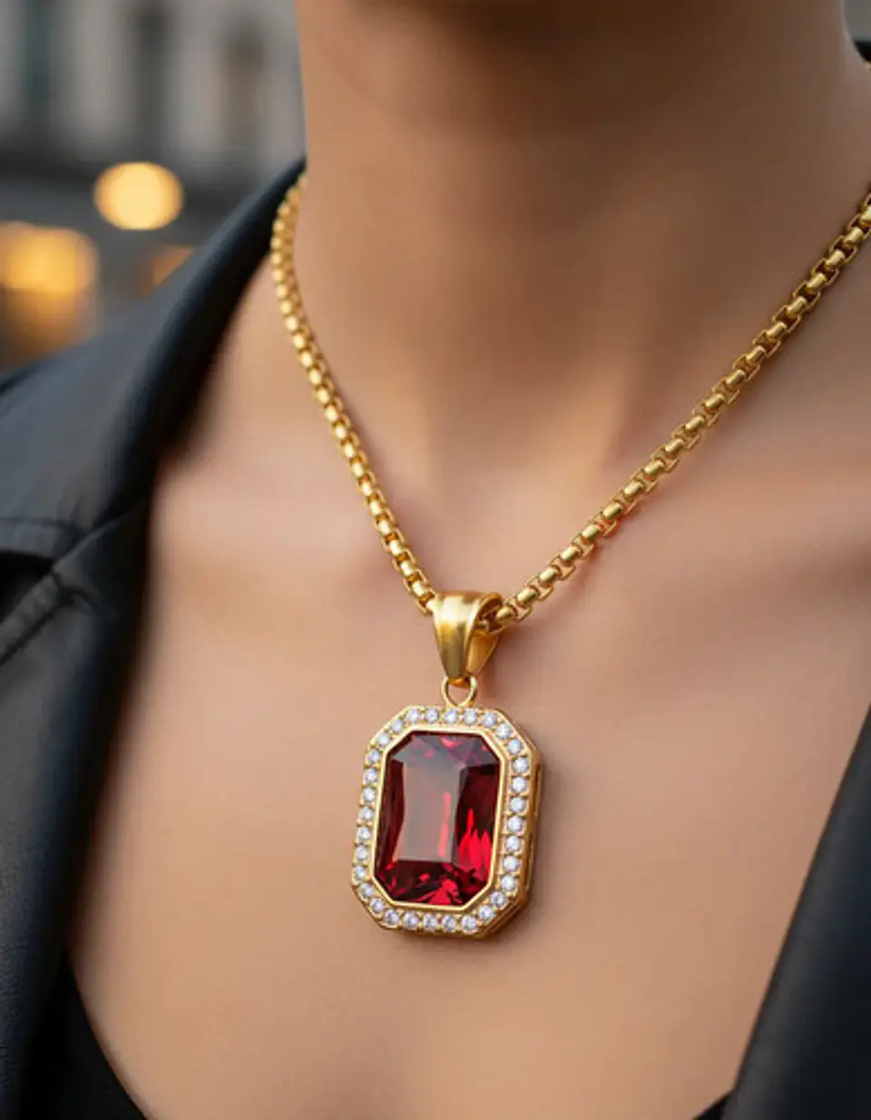Collar Para  Hombre Dije Hip Hop Piedra Gema Cuadrada Acero 5