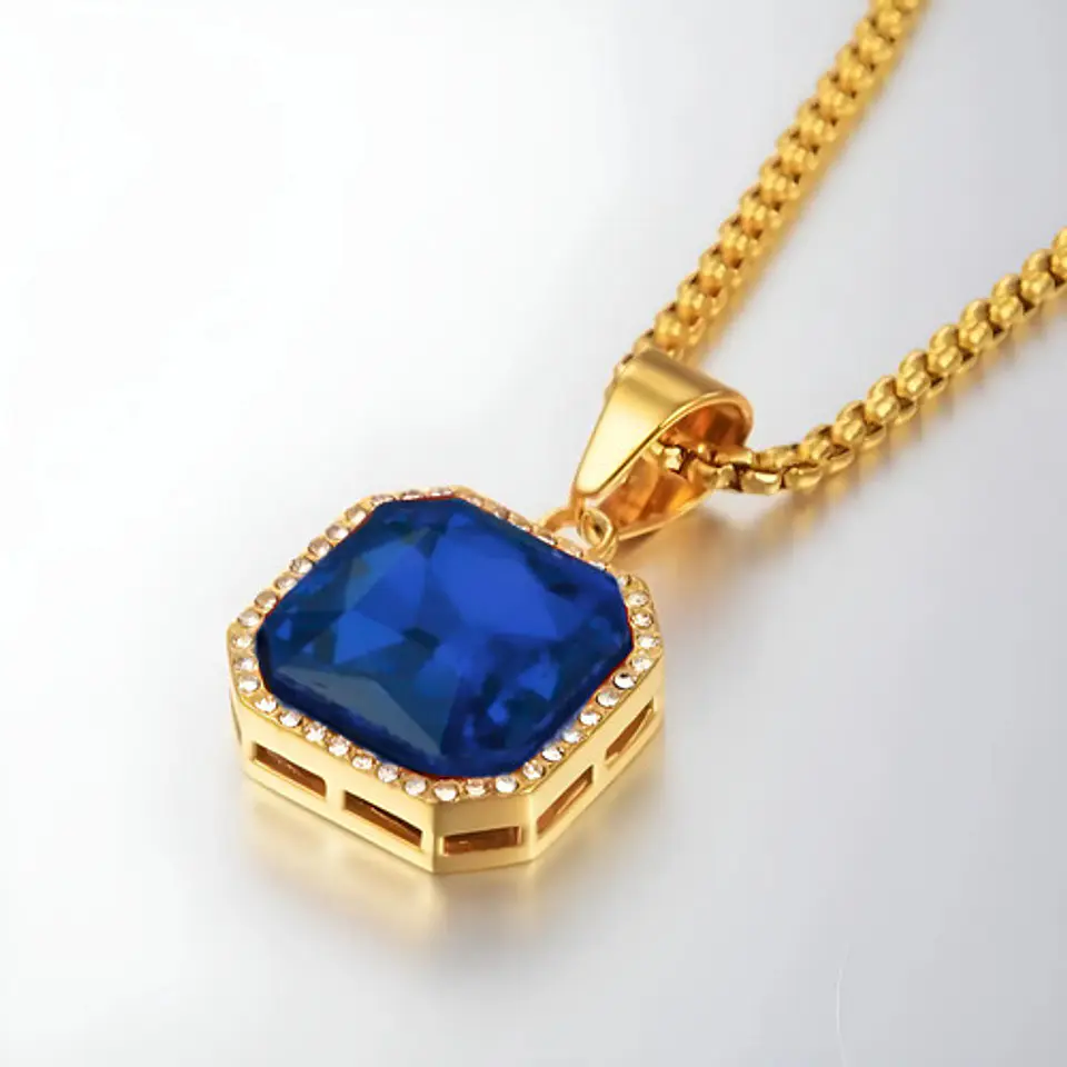 Collar Para  Hombre Dije Hip Hop Piedra Gema Cuadrada Acero 12