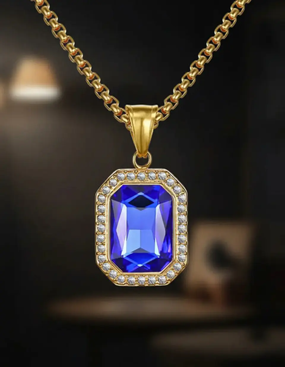 Collar Para  Hombre Dije Hip Hop Piedra Gema Cuadrada Acero 13