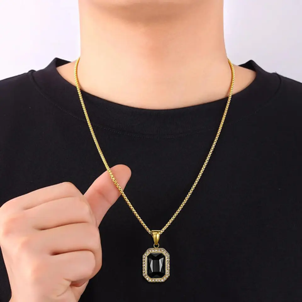 Collar Para  Hombre Dije Hip Hop Piedra Gema Cuadrada Acero 28