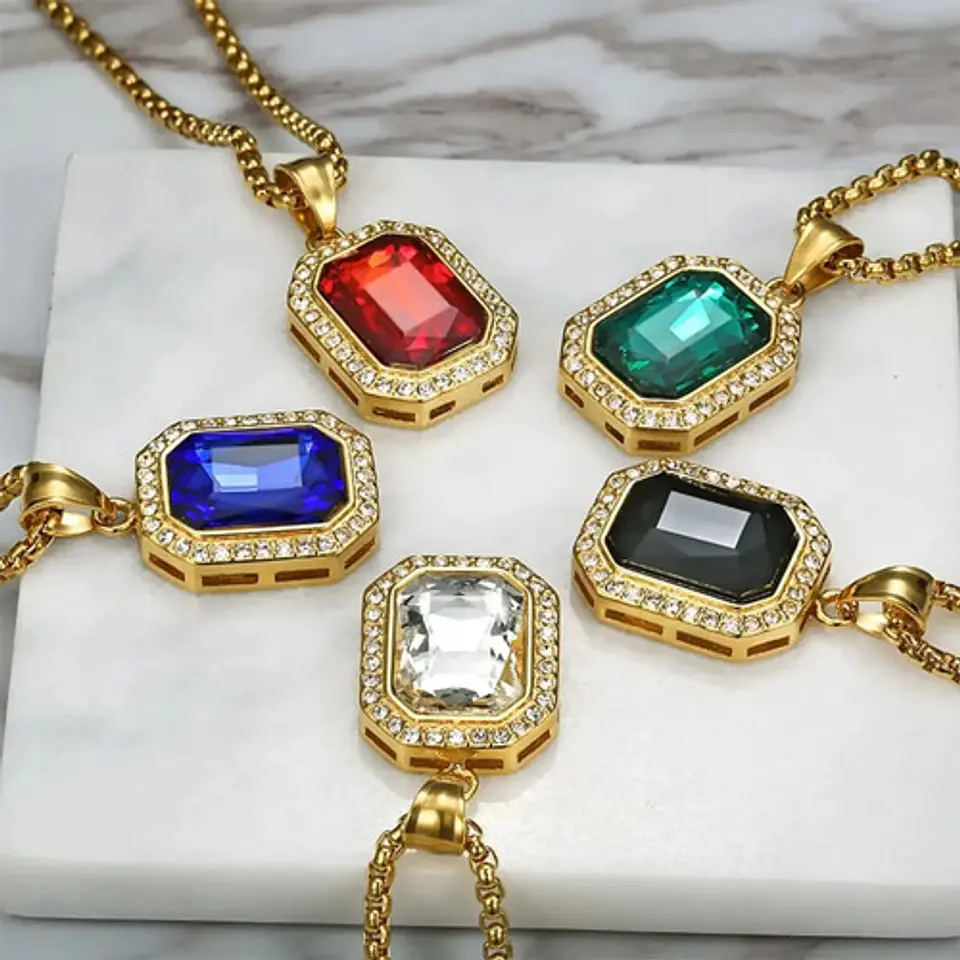 Collar Para  Hombre Dije Hip Hop Piedra Gema Cuadrada Acero 35