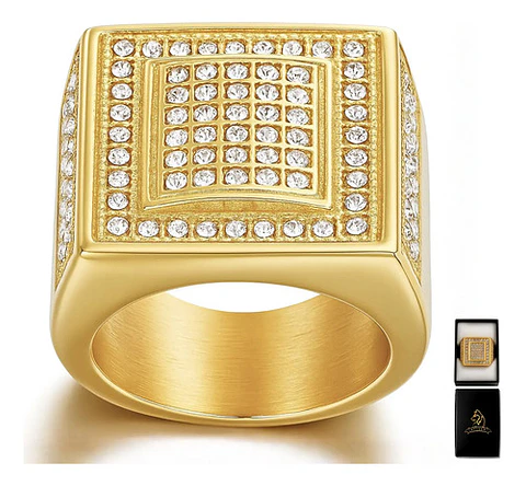 Anillo Hip Hop Para Hombre Piedras Diseño Cuadrado Color Oro