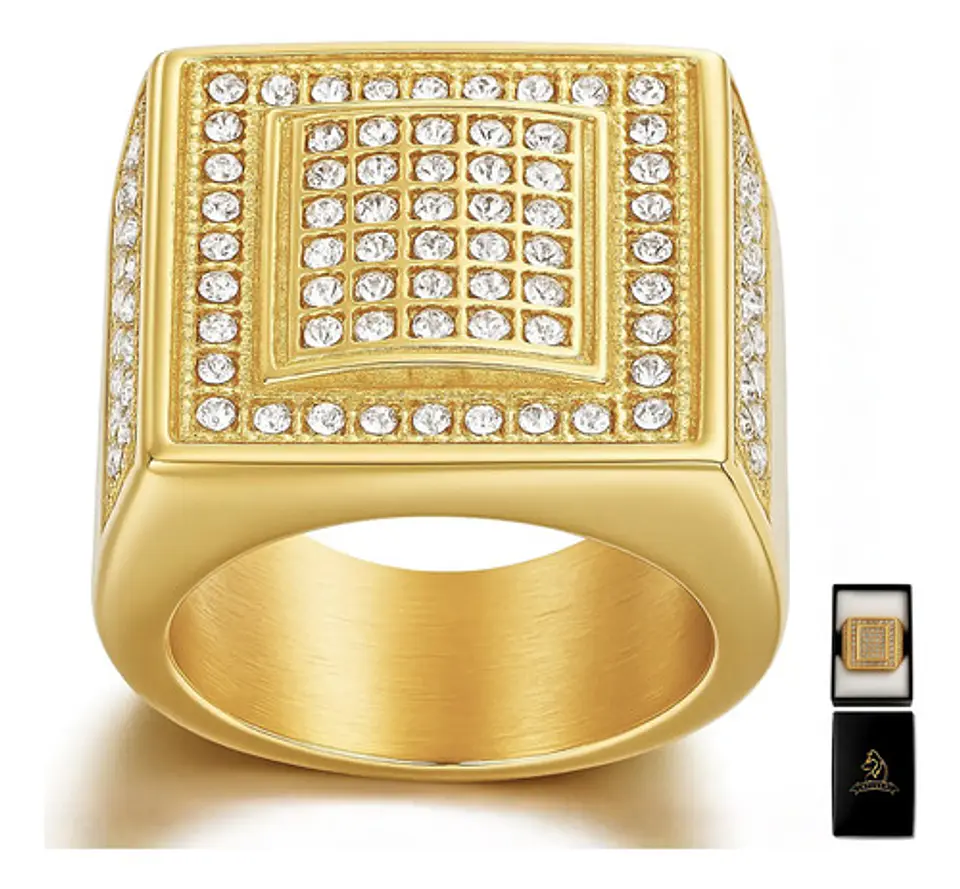 Anillo Hip Hop Para Hombre Piedras Diseño Cuadrado Color Oro 1