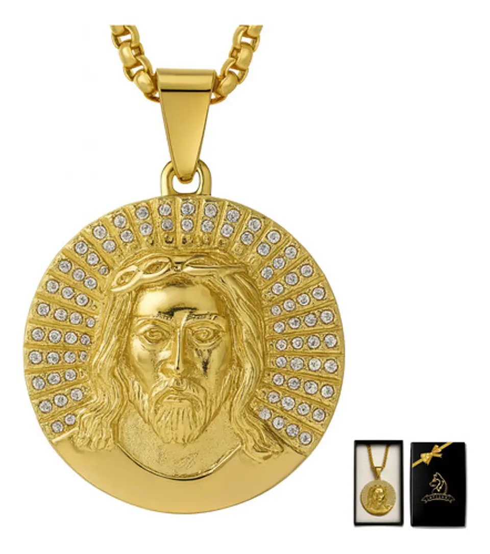 Collar Para Hombres Dije Piedras Cz Cristo Jesús Color Oro 1