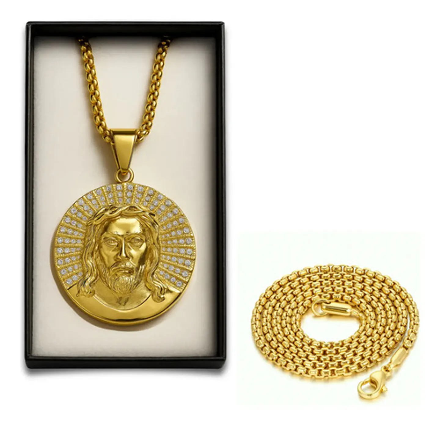 Collar Para Hombres Dije Piedras Cz Cristo Jesús Color Oro 2