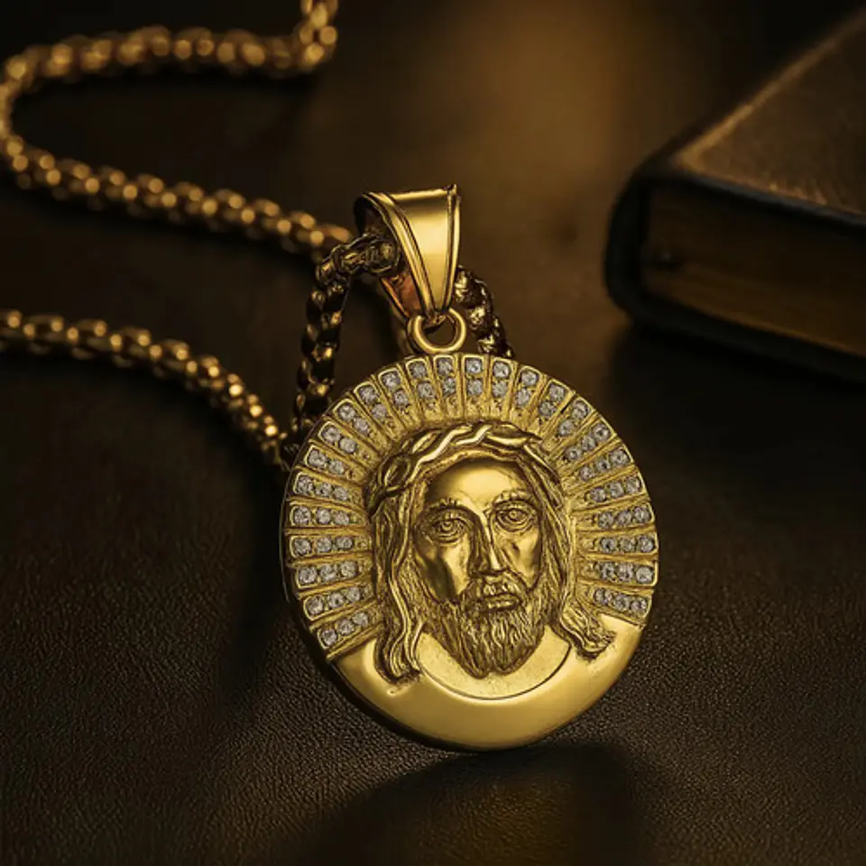 Collar Para Hombres Dije Piedras Cz Cristo Jesús Color Oro 4