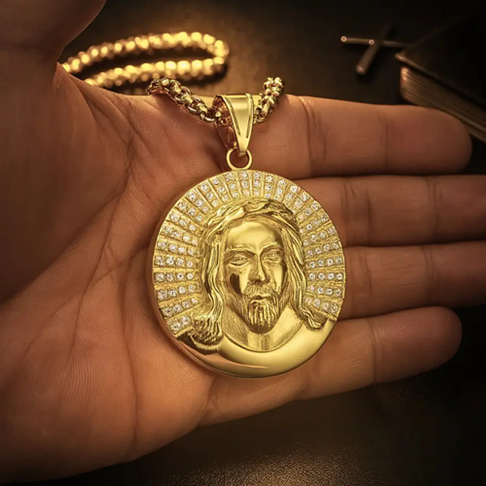 Collar Para Hombres Dije Piedras Cz Cristo Jesús Color Oro 8