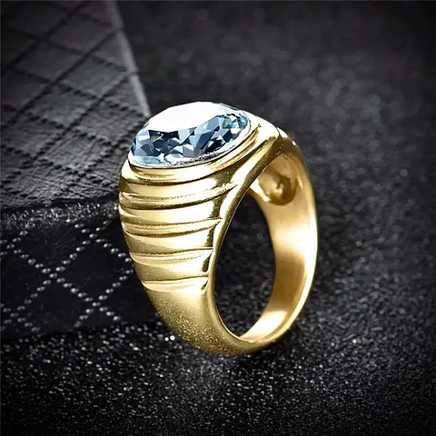 Anillo Para Hombre Con Piedra Azul Zircon Cz Acero Color Oro