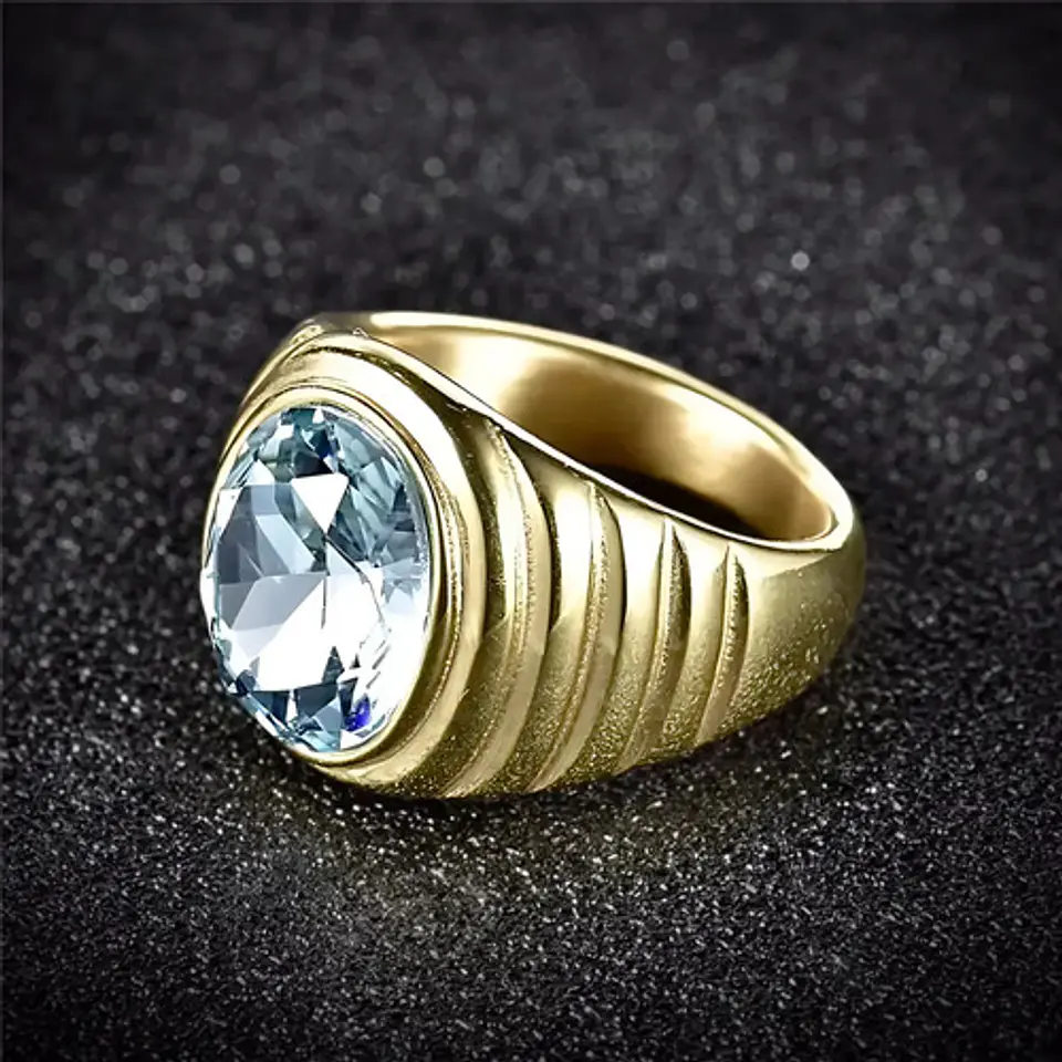 Anillo Para Hombre Con Piedra Azul Zircon Cz Acero Color Oro 3